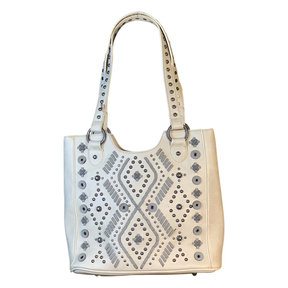 Montana West Studded Western Shoulder Bag Off White Faux Leather Tote